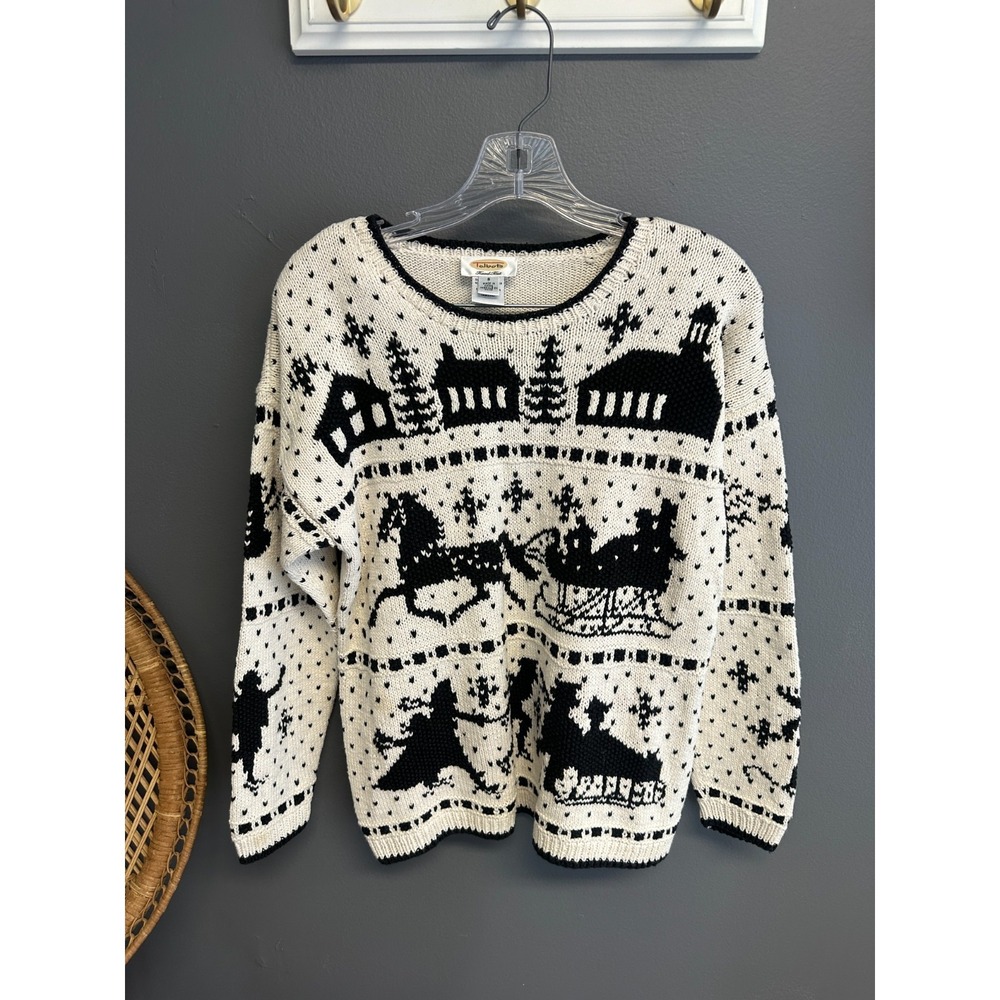 Vintage Talbots Womens Small Sweater Winter Fair Isle Black White Hand Knit Top